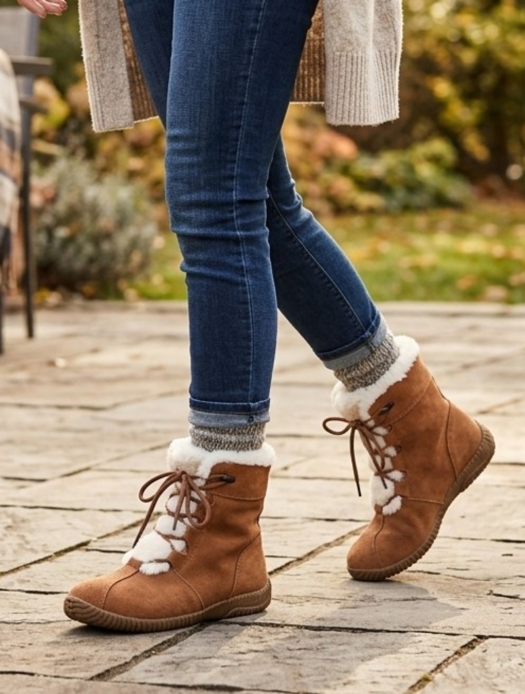 Style & Co. Casual Brown Suede Lace-Up Winter Boots 7m White Faux-Fur Lace Up